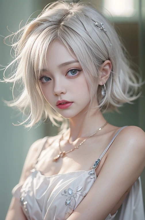 (((forehead、(bent over)、A calm face、High neck sleeveless knit、White Hair、Waist-length hair、Northern Europe、White、beautiful girl、Silver Hair、White background、cute、Young、True Face、Shiny Hair、whole body)))、table top, highest quality, figure, super detailed, finely, High resolution, 8k wallpaper, Perfect dynamic composition, detailed and beautiful eyes, Deco out,bionde, medium hair, big breasts, Natural color lip,white background, random cute poses,