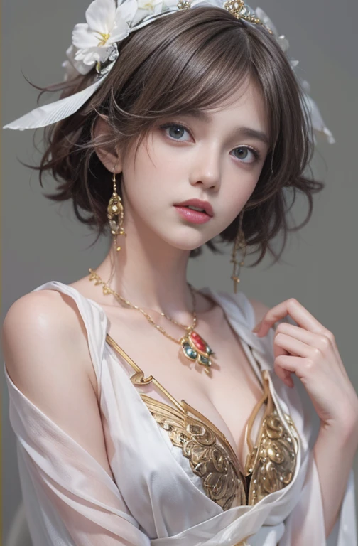 18 years old, Close up portrait of woman in Ancient Greek clothing、Shoulder out、thin、Serious expression、Short-haired、Deadly position, gorgeous necklace, light milky white porcelain skin, smooth translucent white skin, A seductive anime girl, beautiful and seductive anime woman, ultrarealistic sweet bunny girl, pale porcelain white skin, Smooth and realistic perfect body, Anime girl cosplay, realistic shadow perfect body, guweiz masterpiece