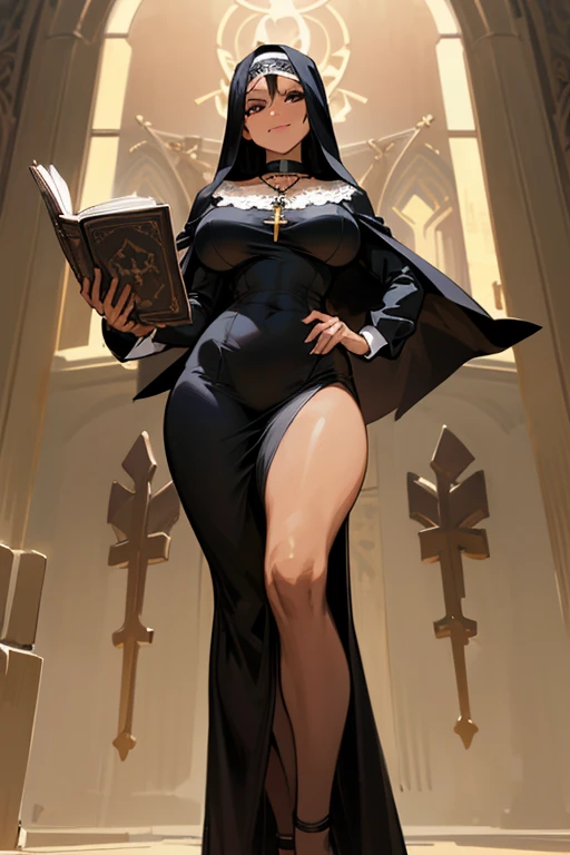 (high resolution, The pixels are perfect, luxurious illustration), (hyper qualit, Masterpiece, Ethereal: 1.4), (((see-through Tabad:1.4))),nun,(((Completely naked ))),standing,(((one hand covering crotch ))),(Dripping milk),in church),((Naked Carmelto)),Mature female,Black areola,female pubic hair,(((The breasts seem to overflow from Tabad))),wetted skin, (((A MILF: 1.4))), (Curvy:1.35),((((Dark skin)))),Long hair,Curvy physique, Thick body,((Sexual suggestiveness)),((open mouth)),(((rolling eye))),high-heels