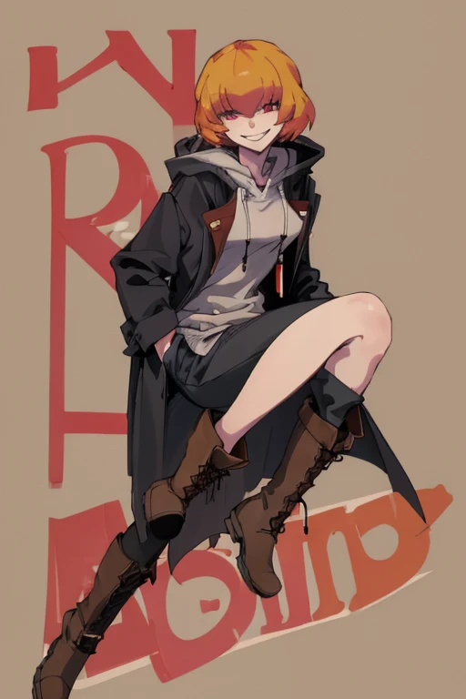 ((highest quality)), ((masterpiece)), (be familiar with),Clementine,Overload,{{nsfw}},Sleeveless hoodie,cargo pants,Bewitching Smile,whole body,boots,Long coat
