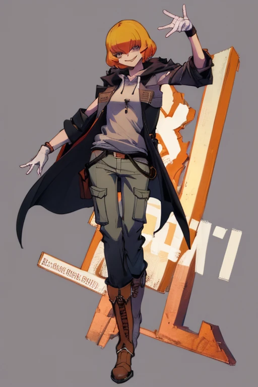 ((highest quality)), ((masterpiece)), (be familiar with),Clementine,Overload,{{nsfw}},Sleeveless hoodie,cargo pants,Bewitching Smile,whole body,boots,Long coat
