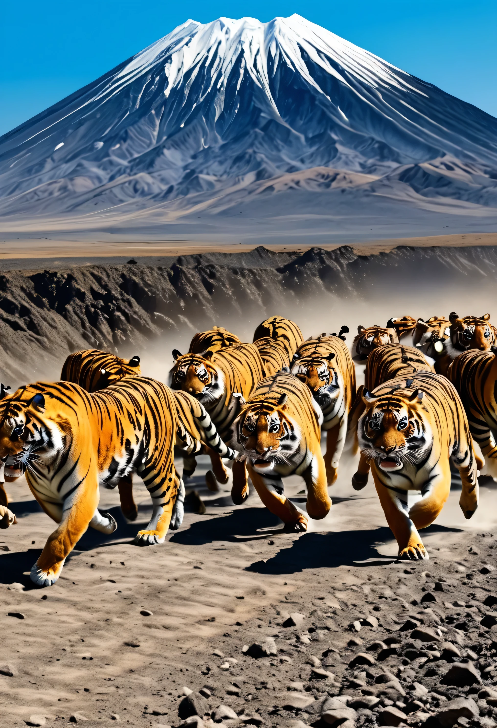 Photo of a realistic view of a herd of tigers running towards a mountain crater which produces clear, high quality ultra HD photos