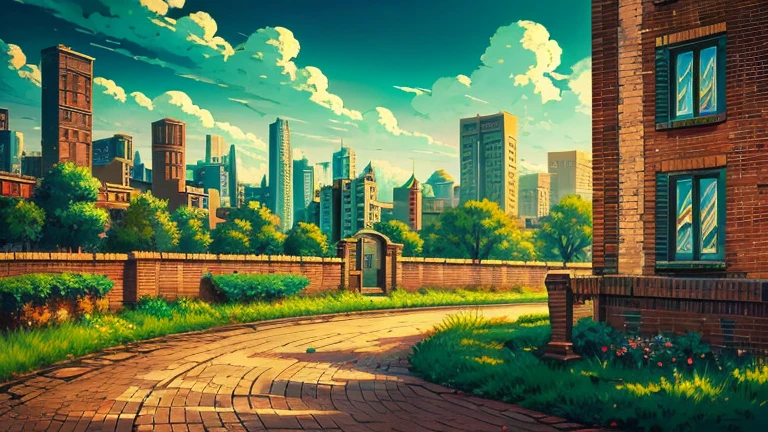 Anime Style,highest quality, masterpiece,field,Retro townscape, Fantasy, Brick,Fluid Background, classical