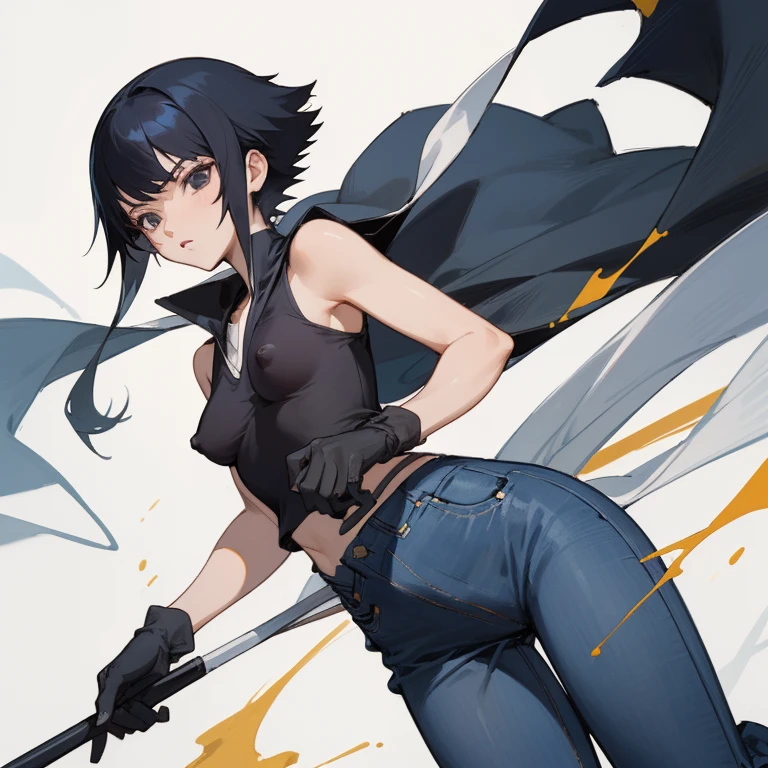 ((highest quality)), ((masterpiece)), (Familiar), BLEACH,Soi Fon, 1 girl, alone, Erect nipples, Black Hair,Slanted Eyes, Black clothes,Black Shirt,jeans, thin,thin,short hair with long locks, short hair, Small breasts, gloves,