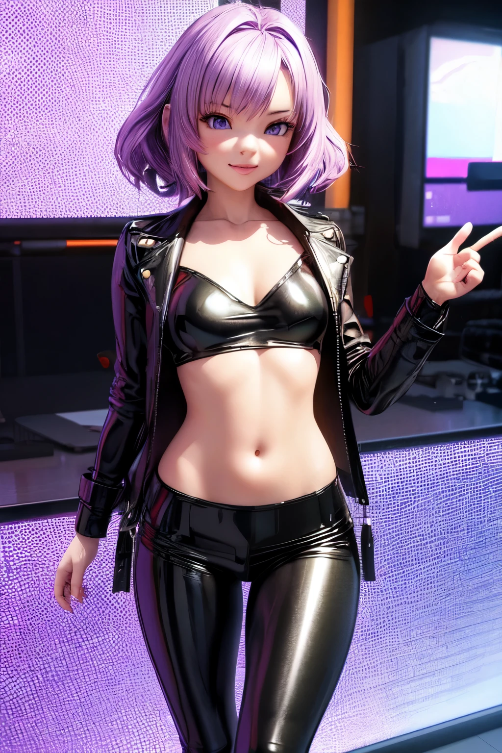 Young woman, purple hair, Anime, leather skinny pants, Best quality, 3d model