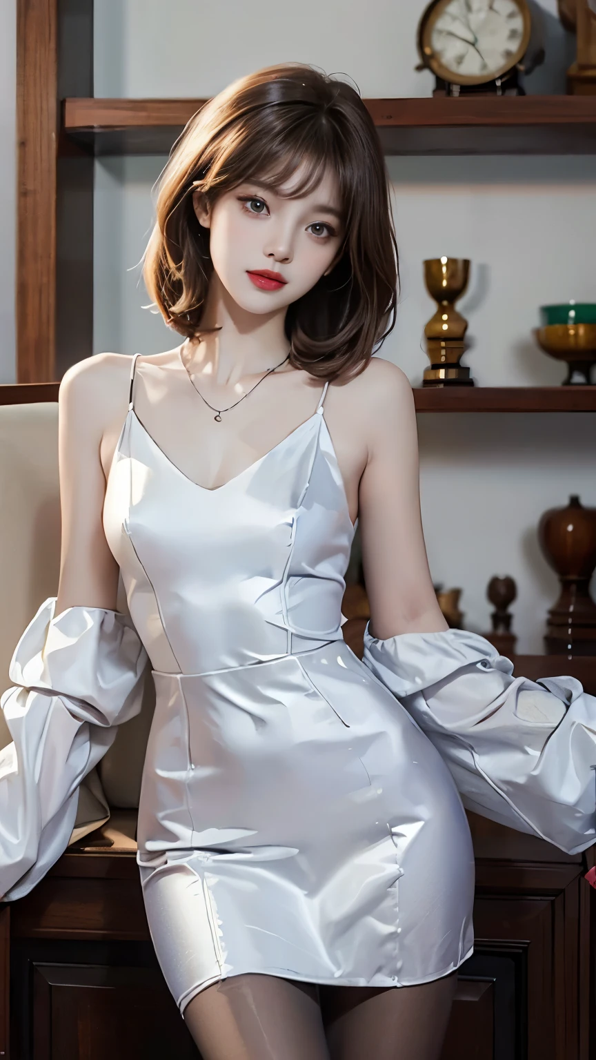 ((whole body)), ((From below)), Yushuxin,1 girl,alone, ((stand up, Leaning on the shelf)), ((Lean forward)), ((The features are clear, Clear Face, Clear Face)), Red lips, cosmetics, close, elegant姿势, Seductive pose, Perfect Curves, slim, sexy,(Transparent and glossy light gray pantyhose),(All-through pantyhose for Race Queens), Split, beautiful legs, Attractive gaze, Biting your lip, Bob brown hair,bangs,Simple and casual scene, Very detailed, Ultra Clear, highest quality, Official Art, beautifulイヤリング, Exquisite necklace, Very detailed description, Super beautiful painting, Sophisticated features, elegant, beautiful, Extremely fine detail, masterpiece, Authentic texture, Realistic Cinematic Lighting, masterpiece, highest quality