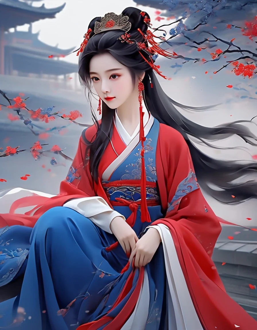 digital art of A close-up of a dress woman in red and klein blue, background: blue, exquisite digital illustration, palace, girl in hanfu, hot on the cgstation, beautiful rendering of the tang dynasty, beautiful digital illustration, beautiful digital art work, inspired by lanying, inspired by puhua, beautiful fantasy queen, amazing digital illustration, elegant digital art, a beautiful art illustration,a beautiful painting by Tan Yin,Lyrical Abstraction, Ethereal Fantasy, Laser-Cut,high detail,hyper quality,high resolution,16K,depth of field (dof),Waist Shot(WS),close up,Soft illumination,