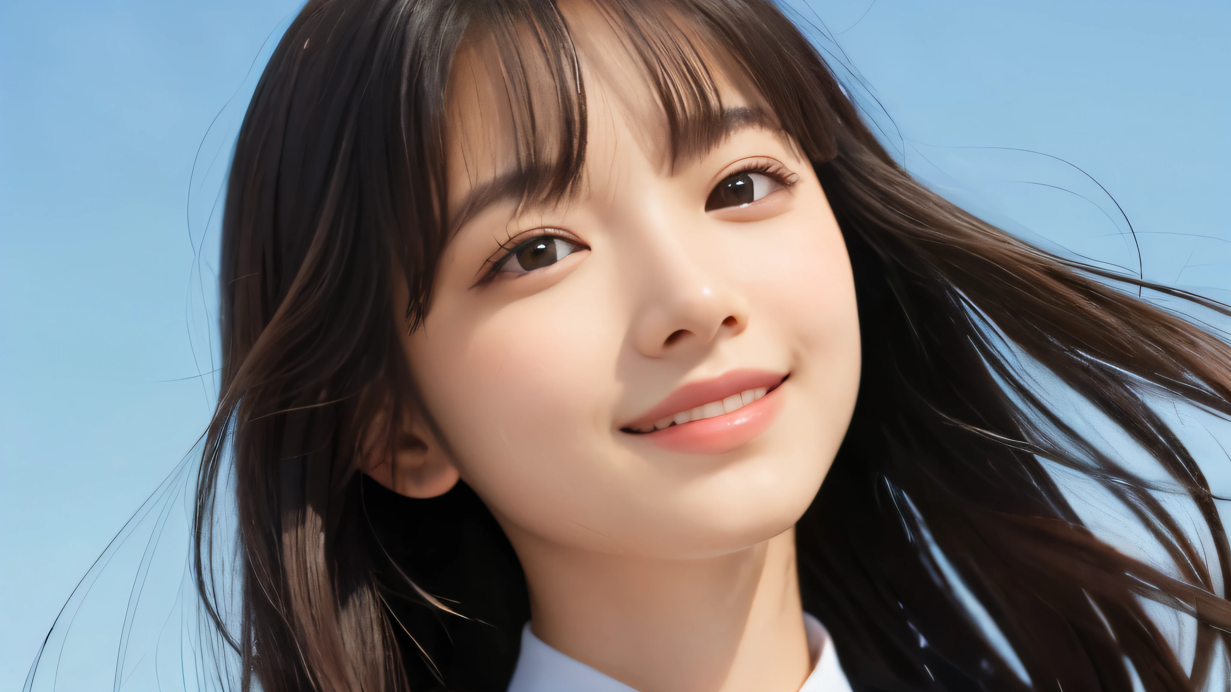 (Realistic: 1.4), (highest quality: 1.4), (Fine grain), Full body shot, ((Under the blue sky)), ((Looking Up)), ((One high school girl)), Black wavy hair, ((uniform)), Wide eyes, Blushed face, ((smile)), Highly detailed face and skin texture, Healthy Skin, 8k resolution
