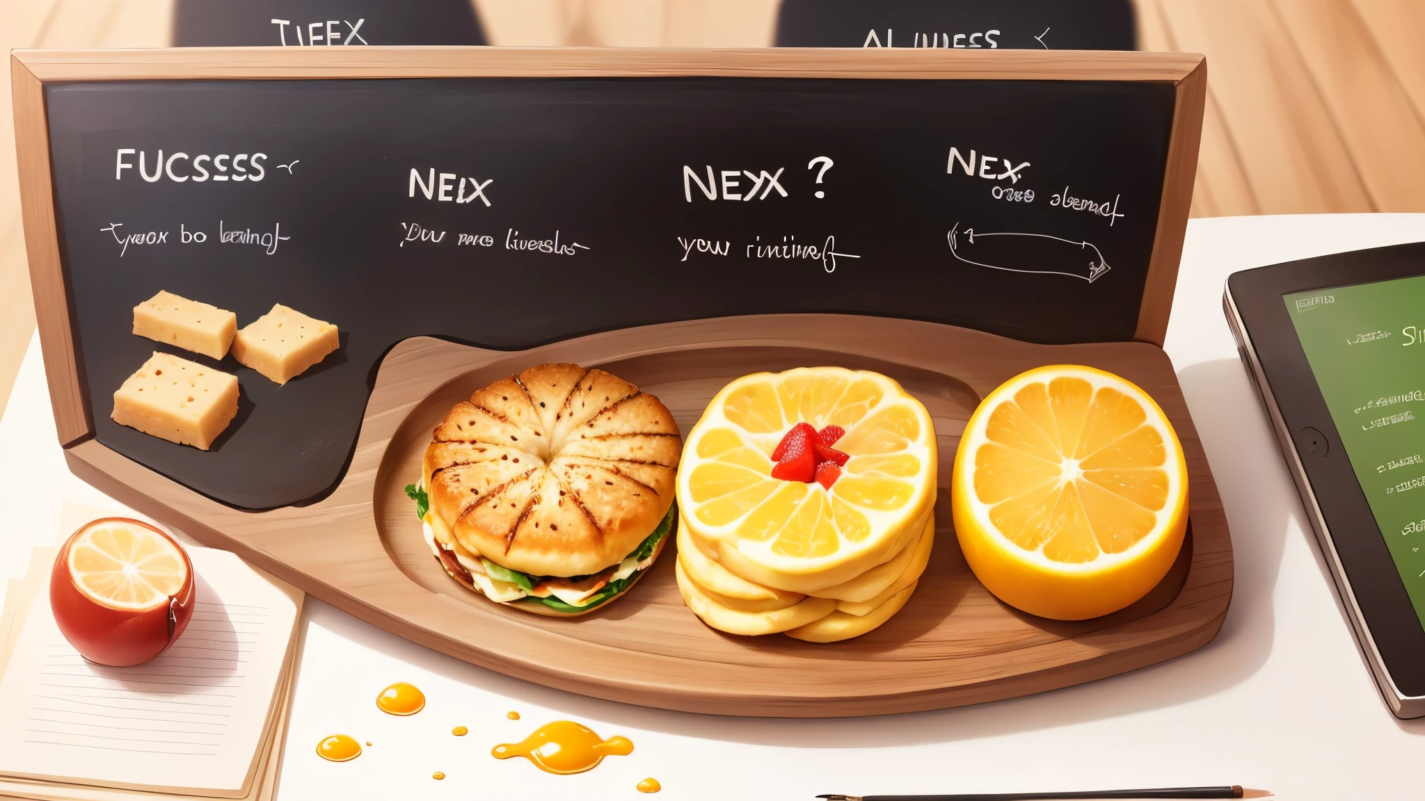 Script: ```Next, let's fuel your brain for success! Skipping breakfast is a recipe for disaster when it comes to studying. Your brain needs a steady stream of energy to function properly.```
(simple), (informative), (background visuals), (cartoon), (focus on images not text)