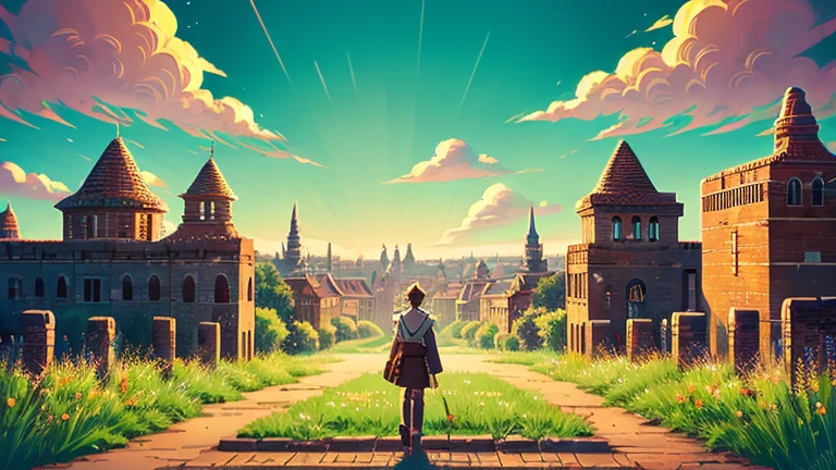 Anime Style,highest quality, masterpiece,field,Retro townscape,  Fantasy, Brick,Fantastic background, classical