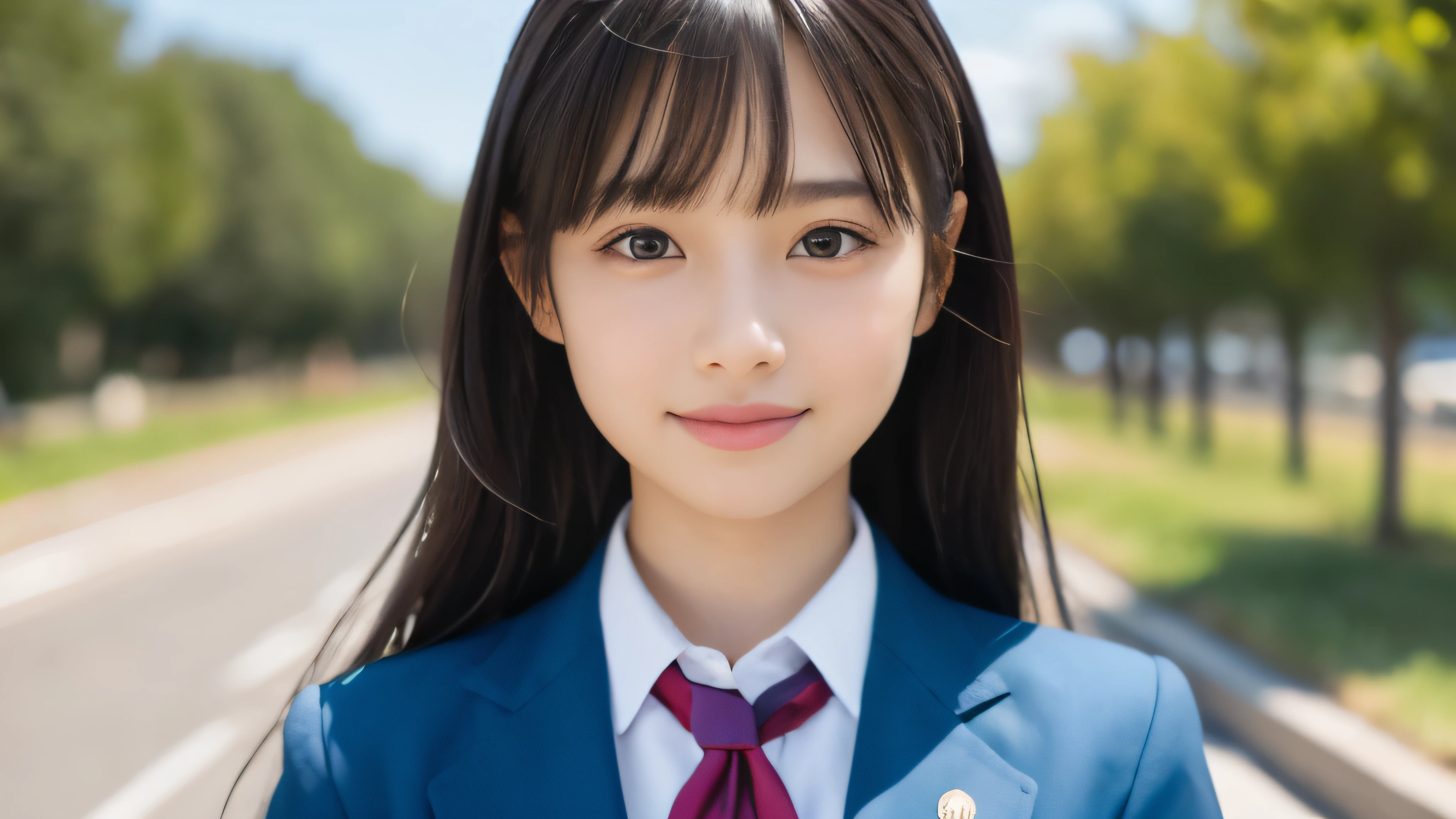 (Realistic: 1.4), (highest quality: 1.4), (Fine grain), Full body shot, ((Under the blue sky)), ((Looking Up)), ((One high school girl)), Black wavy hair, ((uniform)), Wide eyes, Blushed face, ((smile)), Highly detailed face and skin texture, Healthy Skin, 8k resolution