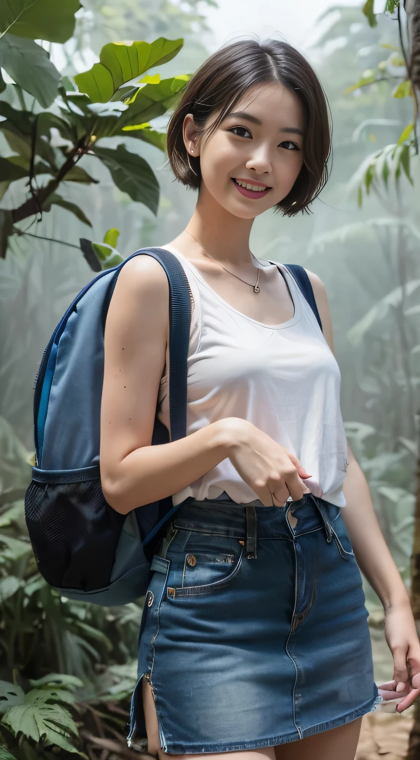 (8k,RAW Photos、RAW Photos、highest quality、Masterpiece:1.2)、1girl、1Middle-aged men、Very detailed、Super Resolution、((Misty jungle:1.4))、(Photorealistic:1.3)、((Cowboy Shot:1.4))、Clear depiction of light and shadow、High-resolution RAW color photos、Professional photos、(((natural Park:1.4)))、Draw faithfully to anatomy、Very detailed and beautiful、super high quality、((girl with short cut hair:1.4))、((Carrying a backpack:1.4))、((Tank top shirt:1.4))、((In the rainforest:1.4))、((Denim skirt that highlights your thighs:1.4))、Upper Body、((girl wearing a pochette on her shoulder:1.4))、((smile:1.4))、Adhesive plaster on the knee:1.7、
