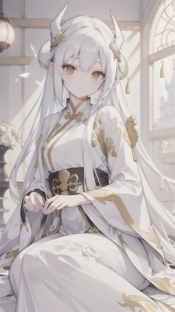 (best quality, highres, ultra-detailed:1.2), beautiful long white hair, stunning golden eyes, silver Hanfu armor, intricately designed white folding fan, white dragon horns, ethereal lighting, soft color palette