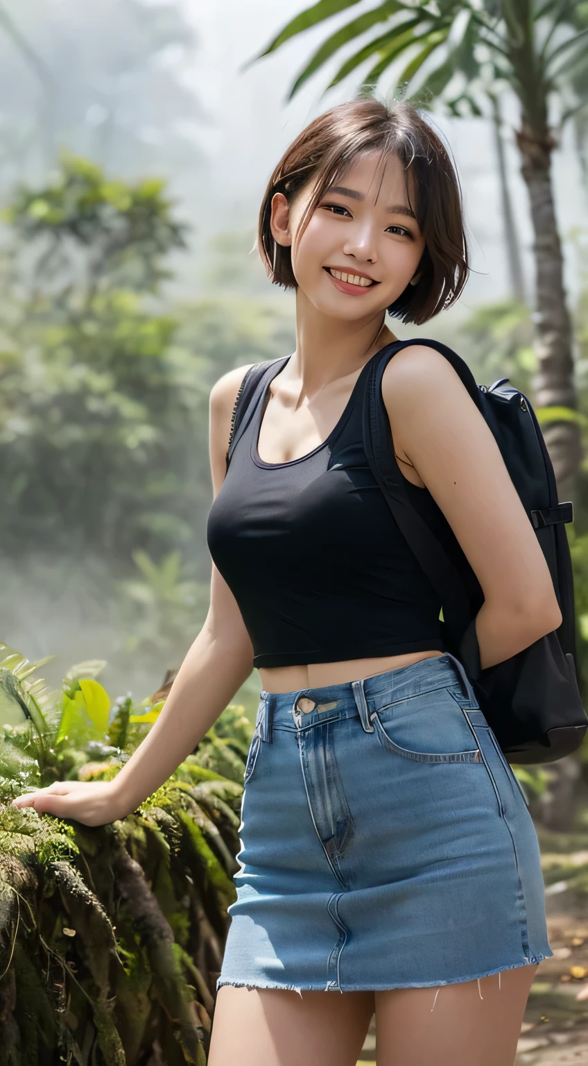 highest quality, masterpiece, ultra high resolution, 1 girl,20-year-old,(realistic:1.4),Summer Mountain,strong sunlight,Short-sleeved T-shirt and mountaineering pants,Carrying a large backpack, mountain trail photos,thin waist,thin legs,Thin and beautiful arms,beautiful fingers,Because I'm slender,Medium chest,soft chest,(mountain peak portrait) ,((short straight hair jet black hair)),((Bangs short hair)),realistic,picture media chest)),((big smile))