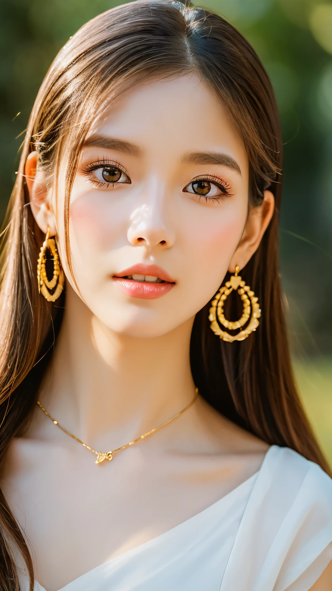 beautiful girl: Asia, Super cute;
age: 18-20 years old;
hair: Bronze Orange, Smooth, shimmering in the Sunlight, very detailed;
skin: Ivory white, Flawless and rosy;
Pores on the skin;
Eye: jet black, ((Practical)), Almond-shaped, Sexy, young, Clear, ((super detailed)), elegant, Tempting, vivid makeup, sharp, ((attractive viewer's soul));
eyelid: Beautifully, Beautifully, perfectly fair;
Eyebrow: Arch, sparse, sharp;
Face: fair, pure, fair like a fairy, Beautifully makeup, charming, Perfect balance, fair in every detail;
nose: beautiful, charming, High;
cheekbones: famous;
Lips: Tempting, light Red Lipstick, charming lip gloss;
teeth: Moon Crystal;
breast: full, Deep Crack, company, fits OK well, Nipple protrusion;
OK: bright Red, Gold thread embroidery, Metal;
Body: full, attractive, full of youth;
Accessories: ruby necklace, ruby earrings;
shirt: Silk fabric, Red, A white silk belt around the waist;
skirt: Tight, transparent, charmingfull身材;
trendy style: High-end women, Hyundai 2024, luxurious;
Photo quality: Non-NSFW, 8K CG HD, sharp, super fair graphics, professional, detailed, viOKnt colors, super Smooth, advanced technology, super Practical RAW;
light: luxurious, front, complex, Black and gold tones;
Sunlight: Glittering, illuminating the girl's Body;
Visual effect: Practical, magic, extremely High resolution;
background: wonderland, colorful garden.
((Close-up photo of the girl's Face, Practical, super detailed)).