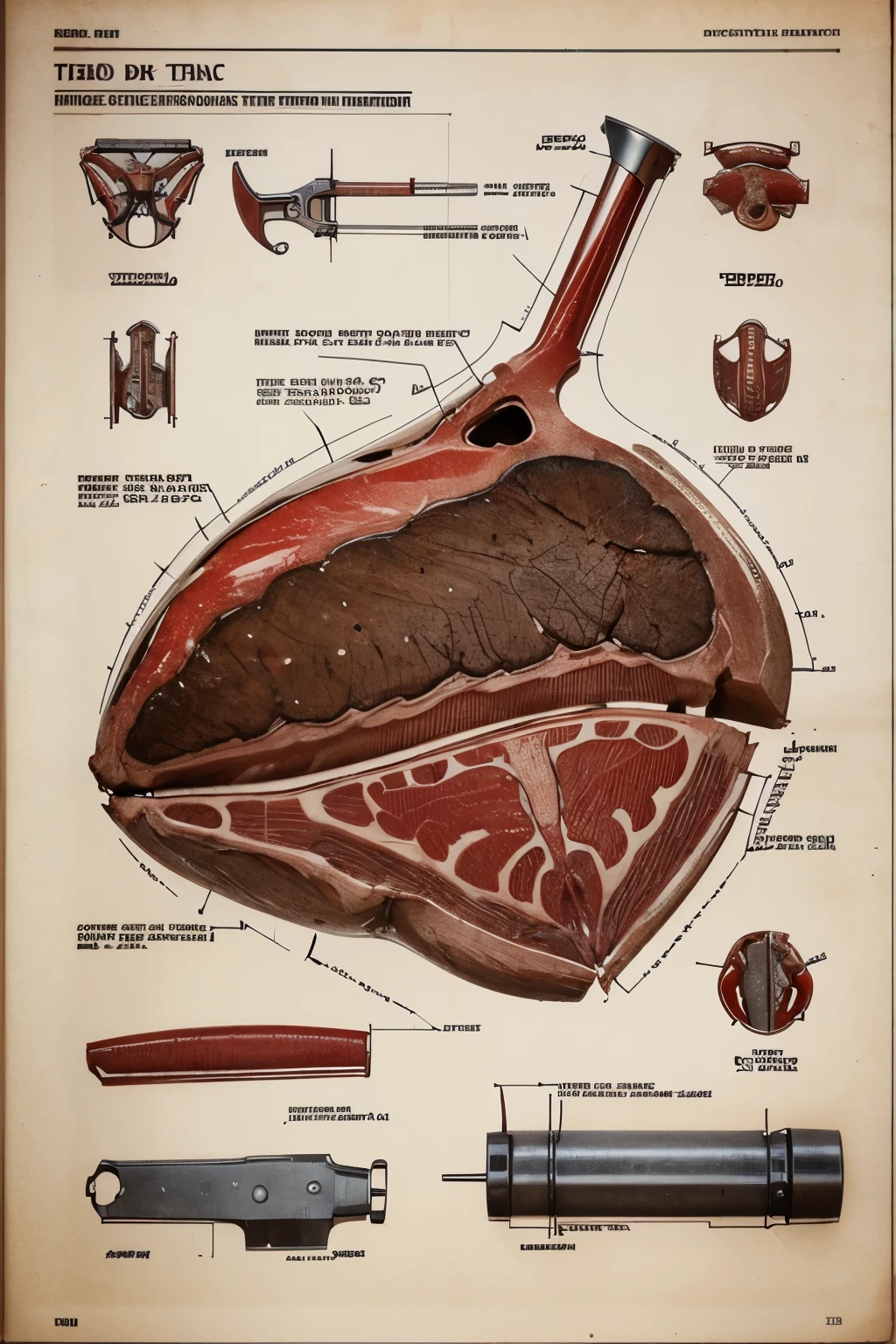 Highly detailed technical drawing of a red T-bone steak The illustrations should include a side view, cross-sections, and exploded views to show both the exterior and interior organs. Labeled parts with annotations specifying materials, dimensions, and other anatomic specifications. Style vintage engineering blueprint, and educational intent
