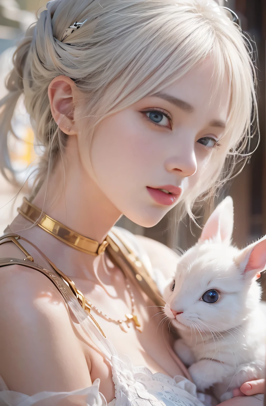 18 years old, Close up portrait of woman in Ancient Greek clothing、Shoulder out、thin、Serious expression、Short-haired、Deadly position, gorgeous necklace, light milky white porcelain skin, smooth translucent white skin, A seductive anime girl, beautiful and seductive anime woman, ultrarealistic sweet bunny girl, pale porcelain white skin, Smooth and realistic perfect body, Anime girl cosplay, realistic shadow perfect body, guweiz masterpiece