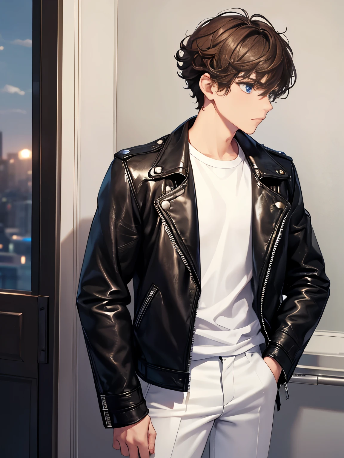 1boy,guy,looking away,Facing right,standing,looking away,blue eyes,half body photo,18 years old,Curly hair,medium hair,undercut hairstyle,light brown hair,black jacket,Leather jacket,white t-shirt,white trousers,morning,ultra detail,masterpiece