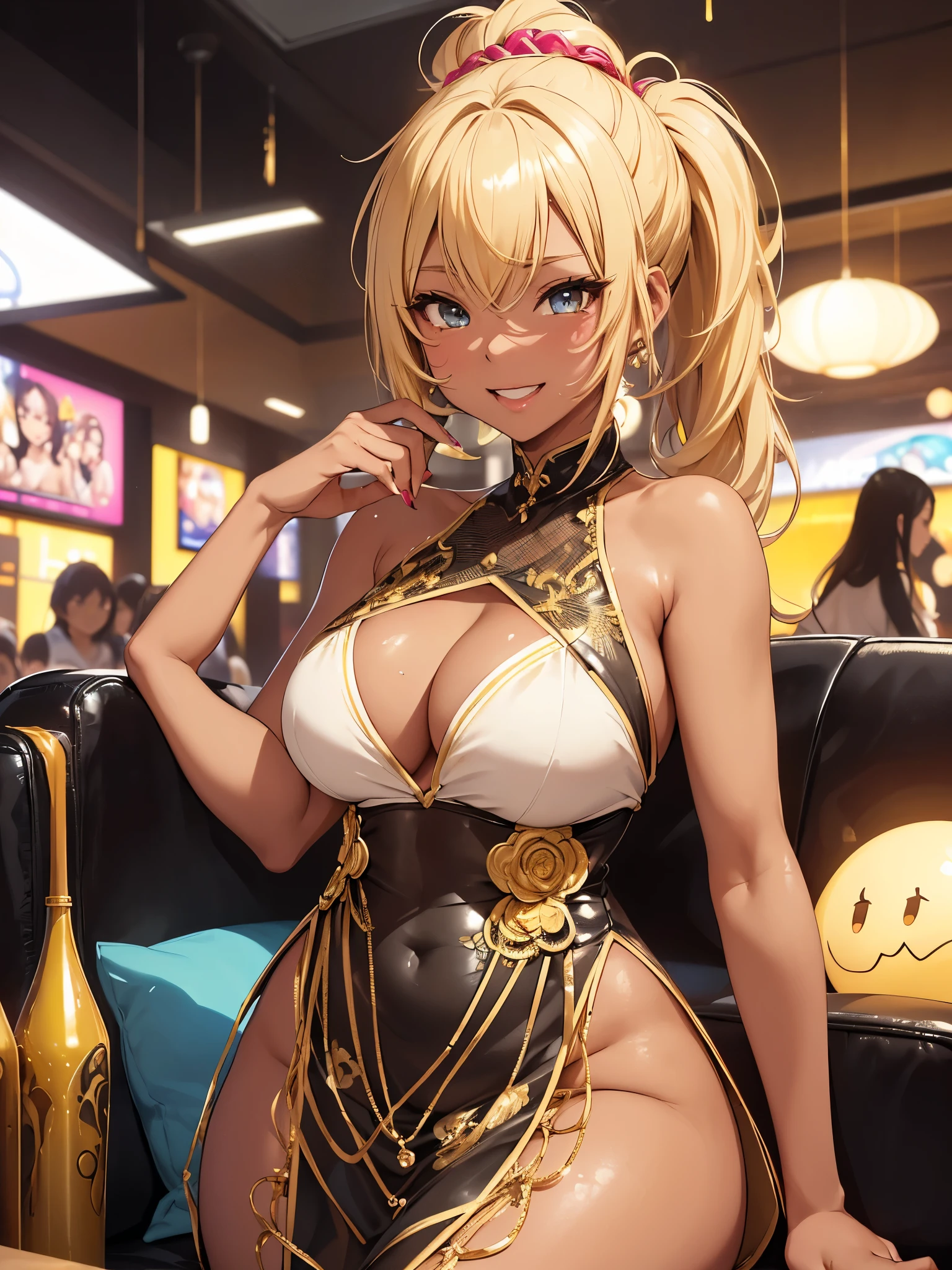 Accurate human body、Detailed people、Correct five-finger、4K - ultra-vivid、highest quality, masterpiece, Ultra-high resolution, Detailed Background、The perfect background、
(((Oily skin,Sparkling Skin、Realistic skin texture、Detailed beautiful skin、Shiny skin、Slimy skin、Glowing Skin、Shiny skin)))、
Full Body Shot, Low camera angle, Depth of written boundary, Focus on the center, Fine grain, Perfect face and eyes、
(gyaru:1.2, Cream yellow short ponytail hair:1.8, Black skin:1.5), ((Big Breasts)), (Night dress、split dress、Red dress、blue eyes、Pink Lip Gloss), (nightclub:1.1, Night lounge:1.1, Drunk, drink alcohol), kurogyaru, A large black sofa 、Young and cute gyaru, laughing happily
