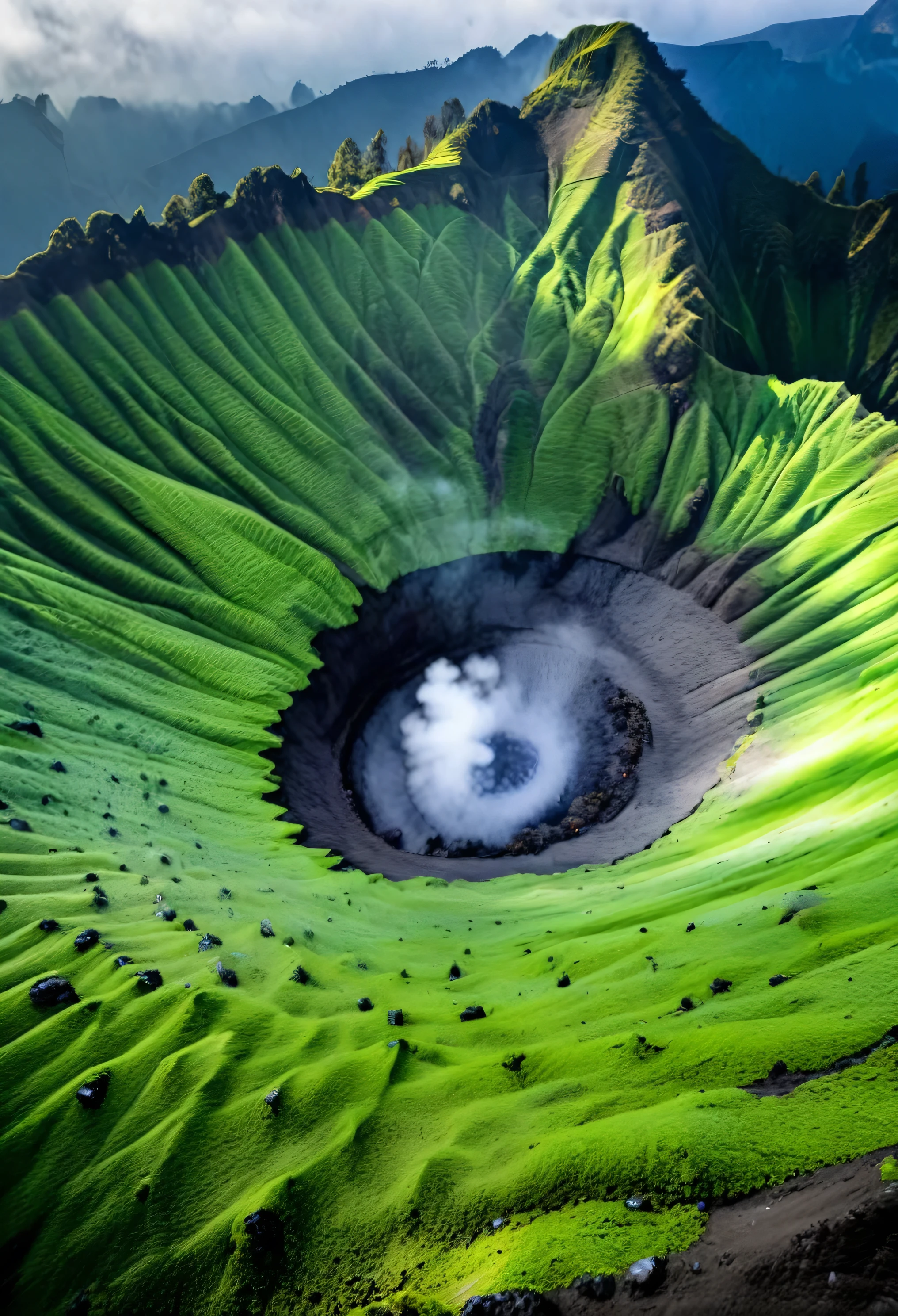 ai generates photos of realistic views of the Dieng crater using a drone which produces ultra HD images