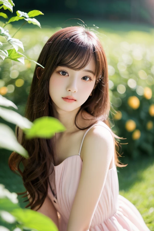 Close-up of an adult woman in a tie and shirt, Real life anime girls, Japanese Beauty、 Realistic young anime girl, Ulzzang, a Surreal 女子大生かわいいナチュラルなアニメの顔, Cute Anime Girl,  Sheet Hair Anime Girl, pretty girl, Surreal (masterpiece, highest quality),One girl with long white hair sitting in a field of green plants and flowers, She placed her hand under her chin, Warm lighting, White and pink dress, Blurred foreground