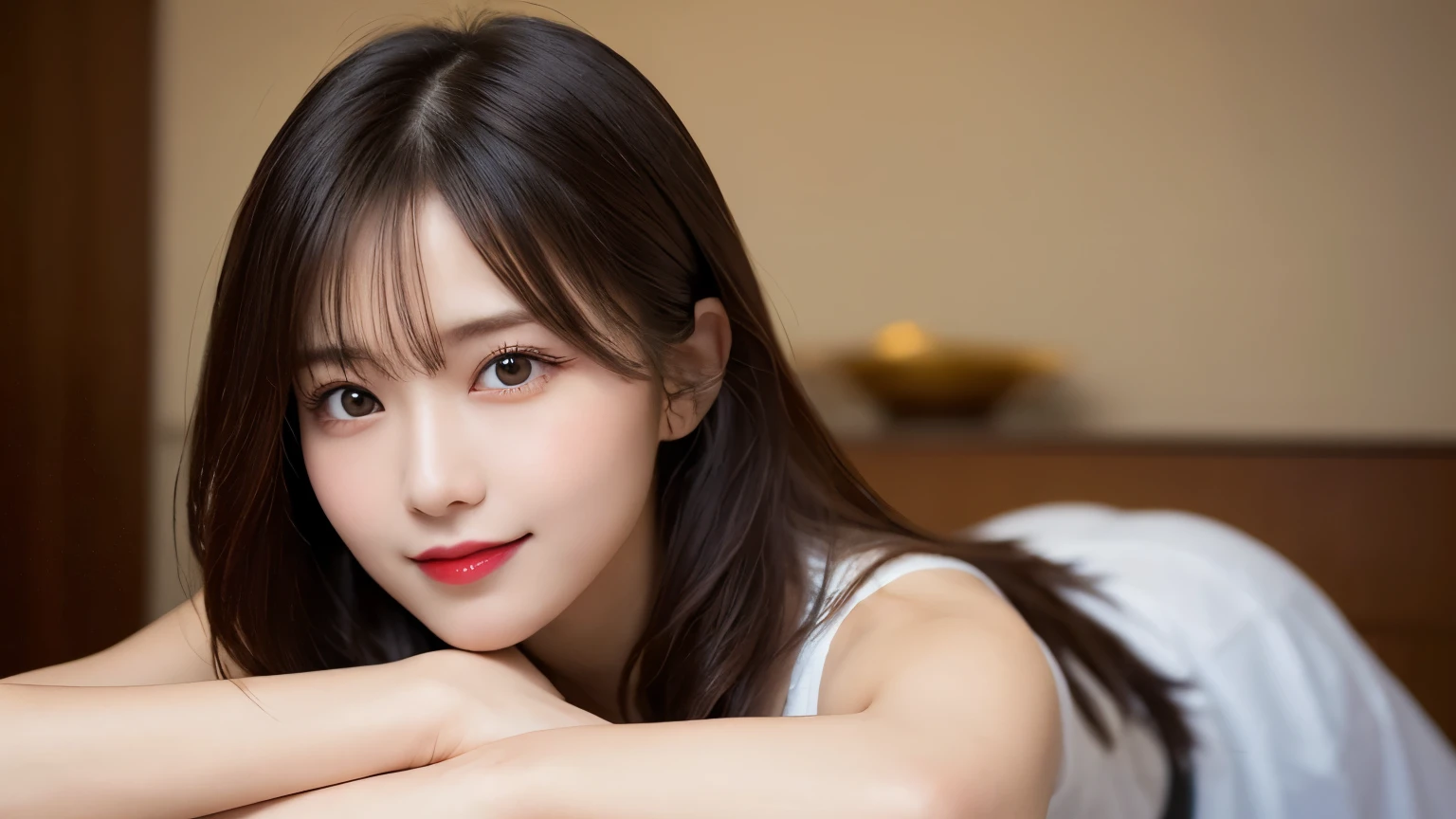 on the table, best quality, shape, Ultra Detailed, Finely, high resolution, 8k wallpaper, 完璧なダイナミックな構shape, Beautiful and delicate eyes, Medium Length Hair, Small Breasts, Natural lipstick, Casual sexy pose,Smile,20 year old girl、midnight、Beautiful and detailed face、Perfect beautiful face,big eyes、original photo、Use the whole body to express the feminine posture、Beautiful and delicate eyes、Small face、Beautiful duplex、Facelift and style,skirt、Beautiful golden ratio face,Long hair