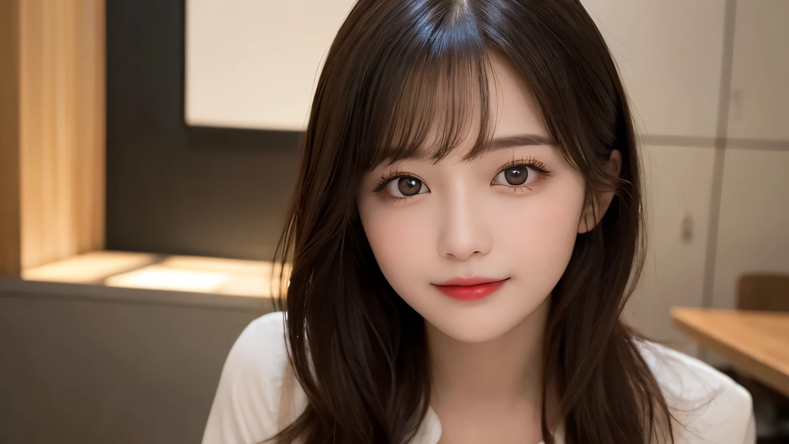 on the table, best quality, shape, Ultra Detailed, Finely, high resolution, 8k wallpaper, 完璧なダイナミックな構shape, Beautiful and delicate eyes, Medium Length Hair, Small Breasts, Natural lipstick, Casual sexy pose,Smile,20 year old girl、midnight、Beautiful and detailed face、Perfect beautiful face,big eyes、original photo、Use the whole body to express the feminine posture、Beautiful and delicate eyes、Small face、Beautiful duplex、Facelift and style,skirt、Beautiful golden ratio face,Long hair