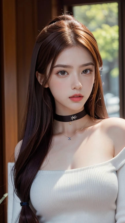 8k, Masterpiece, raw photos, best quality, realistic, Very detailed CG unity 8k wallpaper..., depth of field, Movie studio-quality lighting, lens flare, Ray tracing, (Very beautiful face, beautiful lips, beautiful eyes), A face with intricate details, ((Highly detailed skin), รูปถ่ายของสาวสวย 1 คนbest quality， Ultra high resolution， （realistically：1.4），Cute Hairpin，1 woman，long red hair,cropped sweater ，Beautiful woman with a slender figure:1.4, Pronounced abdomen:1.4, on the island,Extraordinarily detailed face，Exquisite eyes，Double eyelids，choker necklace
