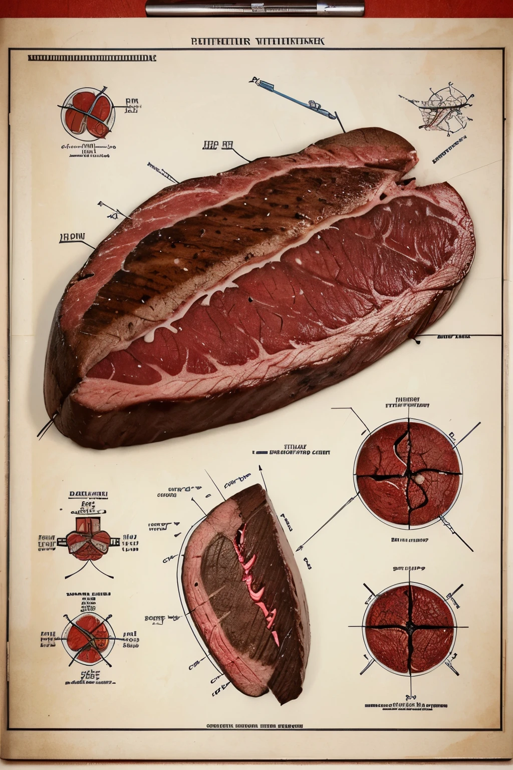 Highly detailed technical drawing of a red steak The illustrations should include a side view, cross-sections, and exploded views to show both the exterior and interior organs. Labeled parts with annotations specifying materials, dimensions, and other anatomic specifications. Style vintage engineering blueprint, and educational intent