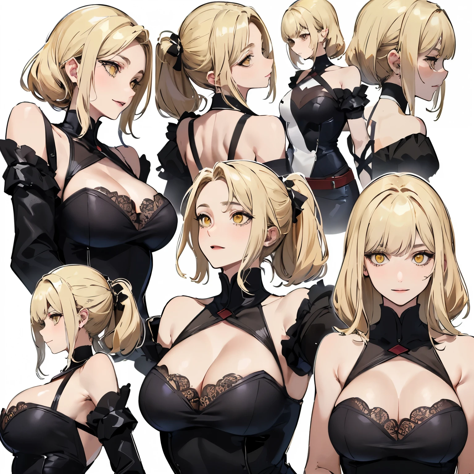 (masterpiece, 8K, highest quality, Very detailed, 1 mature woman), (Consistent personality, Same character), (Blonde Hair, Yellow Eyes), (Very detailed顔と肌の質感, Fine grain), Wicked Smile, Large Breasts, alone, (private teacher), White Background, Bare shoulders, Captivating smile, (Multiple Views, multiple angles), Side view, Front view, look up, Looking down, Rear view, 20-degree head view