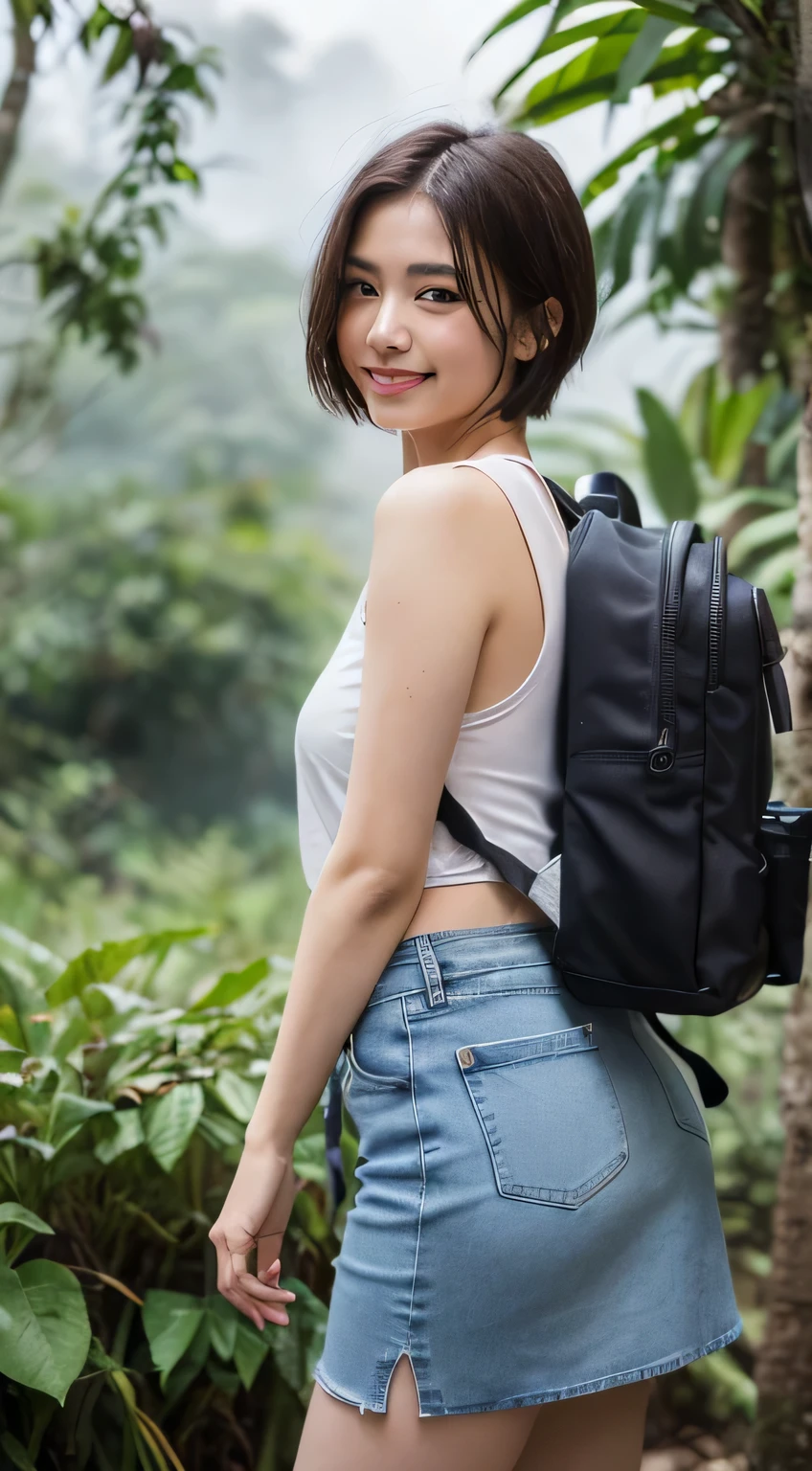 (8k,RAW Photos、RAW Photos、highest quality、Masterpiece:1.2)、1girl、1Middle-aged men、Very detailed、Super Resolution、((Misty jungle:1.4))、(Photorealistic:1.3)、((Cowboy Shot:1.4))、Clear depiction of light and shadow、High-resolution RAW color photos、Professional photos、(((natural Park:1.4)))、Draw faithfully to anatomy、Very detailed and beautiful、super high quality、((girl with short cut hair:1.4))、((Carrying a backpack:1.4))、((Tank top shirt:1.4))、((In the rainforest:1.4))、((Denim skirt that highlights your thighs:1.4))、Upper Body、((girl wearing a pochette on her shoulder:1.4))、((smile:1.4))、Adhesive plaster on the knee:1.7、