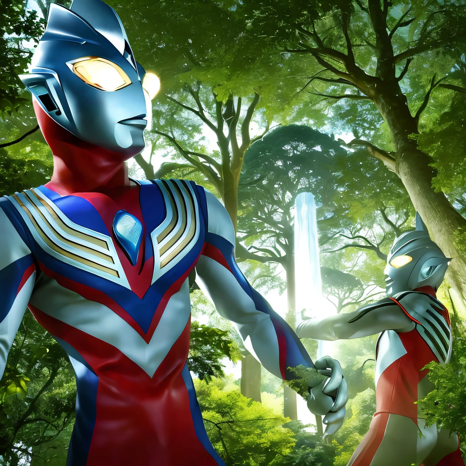 Ultraman Tiga and Ultraman Nexus clash epicly in the heart of a lush, verdant forest. Their colossal forms tower above the towering trees, shrouded in a glowing aura that illuminates the forest floor with an ethereal, otherworldly light. The forest comes alive with the vibrant sounds of their battle cries, leaves rustling and branches creaking with the violent force of their collision.

Tiga, decked out in his iconic blue and silver armor, wields his signature Spark Luminescent Slasher, its blade emitting a radiant, fiery glow. Nexus, on the other hand