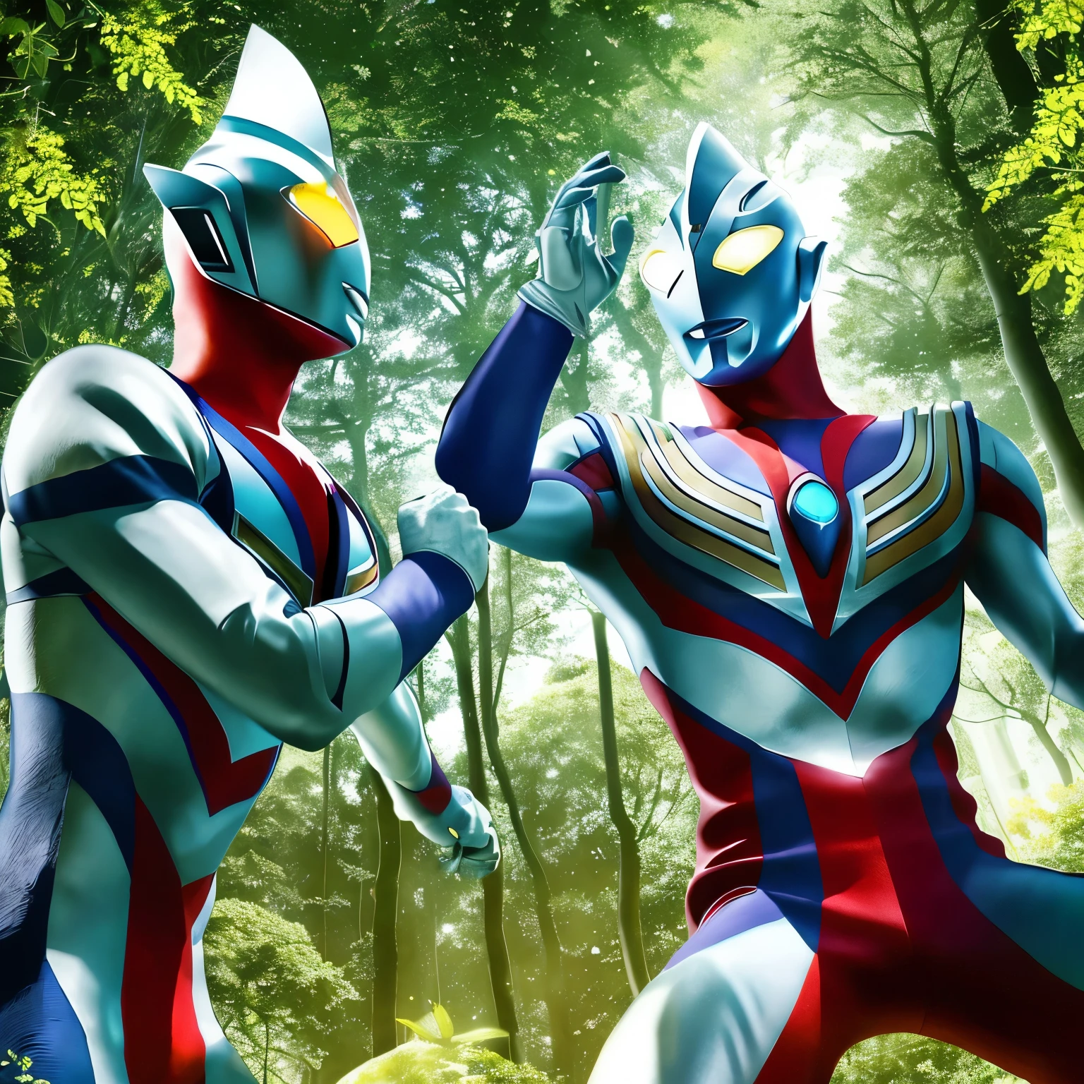 Ultraman Tiga and Ultraman Nexus clash epicly in the heart of a lush, verdant forest. Their colossal forms tower above the towering trees, shrouded in a glowing aura that illuminates the forest floor with an ethereal, otherworldly light. The forest comes alive with the vibrant sounds of their battle cries, leaves rustling and branches creaking with the violent force of their collision.
Tiga, decked out in his iconic blue and silver armor, wields his signature Spark Luminescent Slasher, its blade emitting a radiant, fiery glow. Nexus, on the other hand
