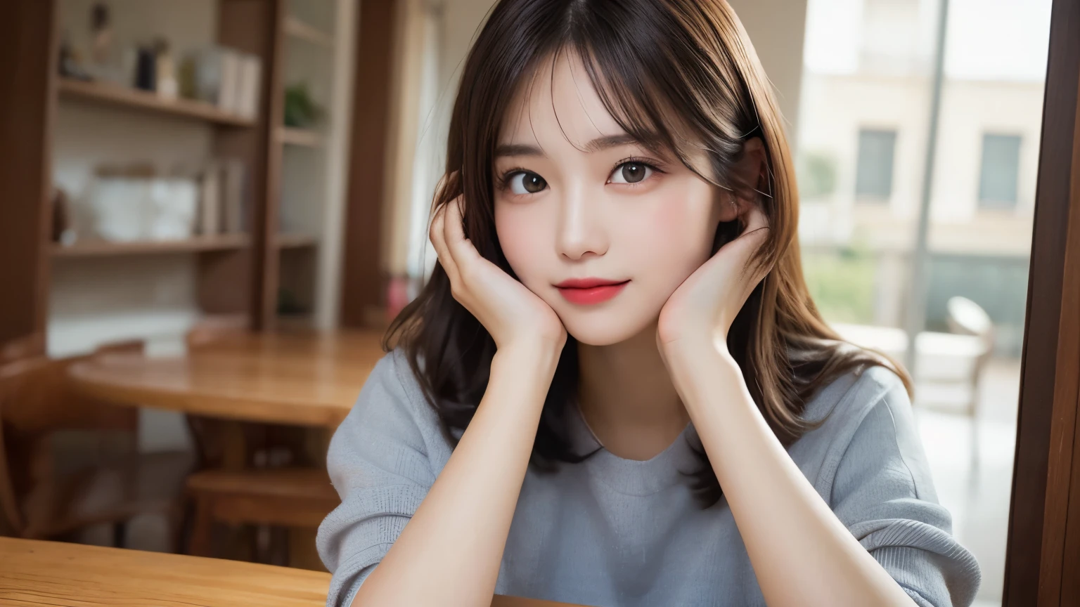 on the table, best quality, shape, Super detailed, Finely, high resolution, 8k wallpaper, 完璧なダイナミックな構shape, Beautiful and delicate eyes, Medium Length Hair, Small , Natural lipstick, Casual sexy poSmile,20 year old girl、midnight、Beautiful and detailed face、Perfect beautiful face,big eyes、original photo、Use the whole body to express female posture、Beautiful and delicate eyes、Small face、Beautiful duplex、Facelift and style,skirt、Beautiful golden ratio face,Long hair