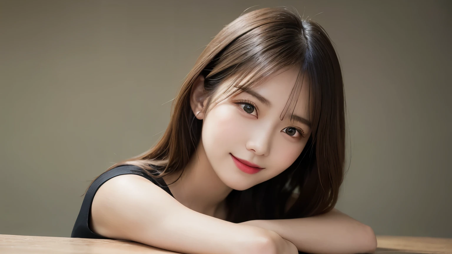 on the table, best quality, shape, Super detailed, Finely, high resolution, 8k wallpaper, 完璧なダイナミックな構shape, Beautiful and delicate eyes, Medium Length Hair, Small Breasts, Natural lipstick, Casual sexy pose,Smile,20 year old girl、midnight、Beautiful and detailed face、Perfect beautiful face,big eyes、original photo、Use the whole body to express female posture、Beautiful and delicate eyes、Small face、Beautiful duplex、Facelift and style,skirt、Beautiful golden ratio face,Long hair