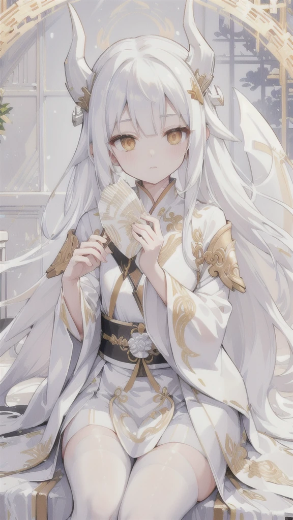 Long silver hair,white dragon horn,Golden Eyes,silver hanfu,white stockings