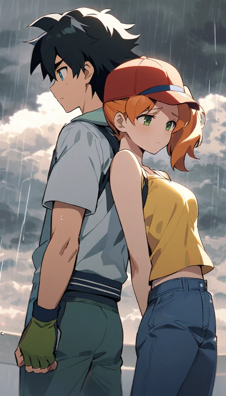 ash ketchum, red baseball cap, open blue jacket, black t-shirt, white jacket neck, white short sleeves jacket, blue jeans, green fingerless gloves, black hair, his brown eyes aren't seen, head down
misty pokémon, orange hair, green eyes, side ponytail, yellow sleeveless cropped shirt, red suspenders, blue jeans shorts, she's almost crying of sadness, she's turning away from him
a 18 years old couple, rainy day, grey clouds, sad faces, back to back, they are turning their backs walking away from each other.