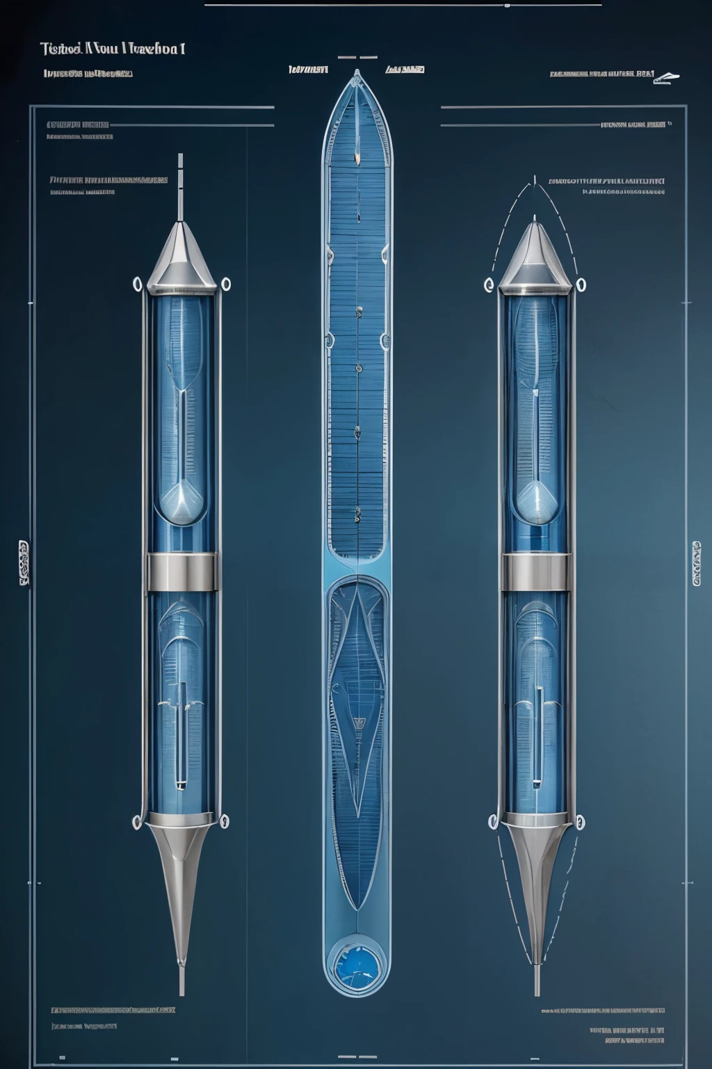 Highly detailed technical drawing of a blue water drop  The illustrations should include a side view, cross-sections, and exploded views to show both the exterior and interior organs. Labeled parts with annotations specifying materials, dimensions, and other anatomic specifications. Style vintage engineering blueprint, and educational intent