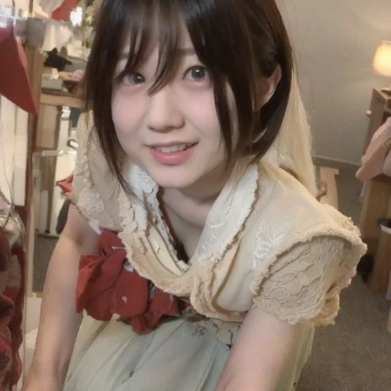 highest quality, Ultra-high resolution, Highly detailed skin, Physically Based Rendering, Look down,(((A Japanese woman in her 20s leans forward on all fours,、Not wearing underwear, Large Breasts, Nipplesまで見える, from the front))),(topless),(Beautiful background:1.2), (Cleavage), (Nipples), open chest shirt