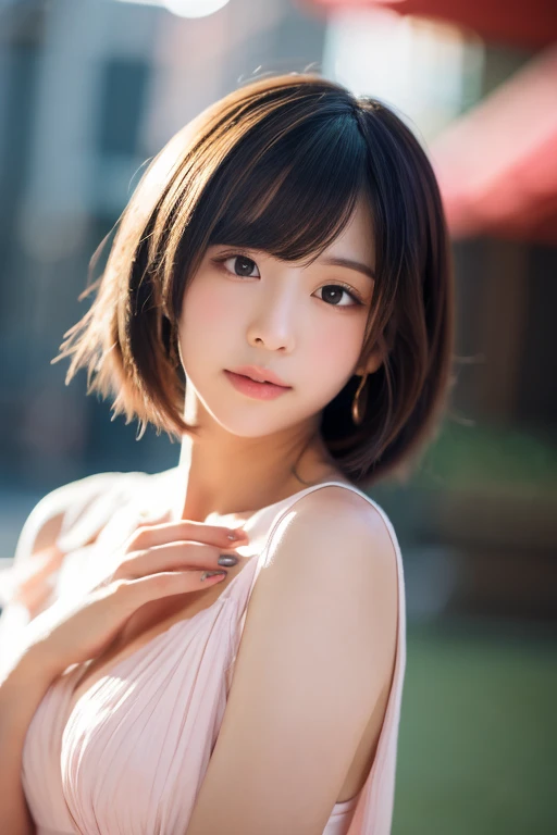 Close-up of an adult woman in a tie and shirt, Real life anime girls, Japanese Beauty、 Nice body、Ample breasts、Realistic young anime girl, Ulzzang, a Surreal 女子大生かわいいナチュラルなアニメの顔, Cute Anime Girl, Sheet Hair Anime Girl, pretty girl, Surreal (masterpiece, highest quality),, She placed her hand under her chin, Warm lighting, White and pink dress, Blurred foreground