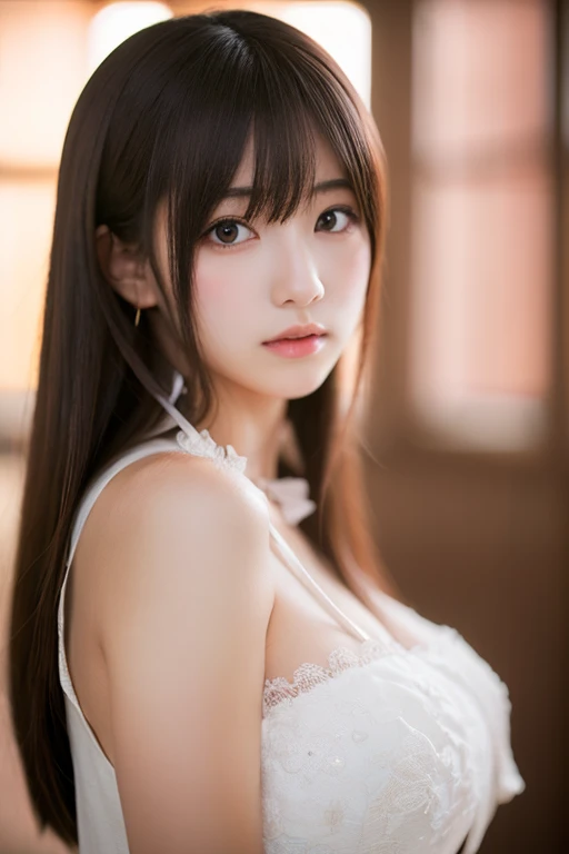 Close-up of an adult woman in a tie and shirt, Real life anime girls, Japanese Beauty、 Nice body、Ample breasts、Realistic young anime girl, Ulzzang, a Surreal 女子大生かわいいナチュラルなアニメの顔, Cute Anime Girl, Sheet Hair Anime Girl, pretty girl, Surreal (masterpiece, highest quality),, She placed her hand under her chin, Warm lighting, White and pink dress, Blurred foreground