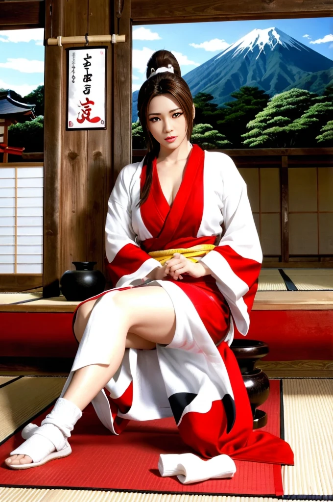 Mai Shiranui, (best quality,ultra-detailed),(Realistic:1.37), beautiful and detailed face, Ultra-realistic texture, delicate face, athletic body, vivid colors. High definition, 8k
