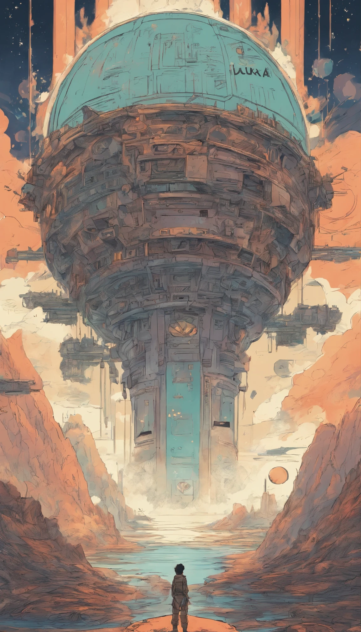 A super detailed space themed studio ghibli like illustration of a name tag with the name LUKA on it