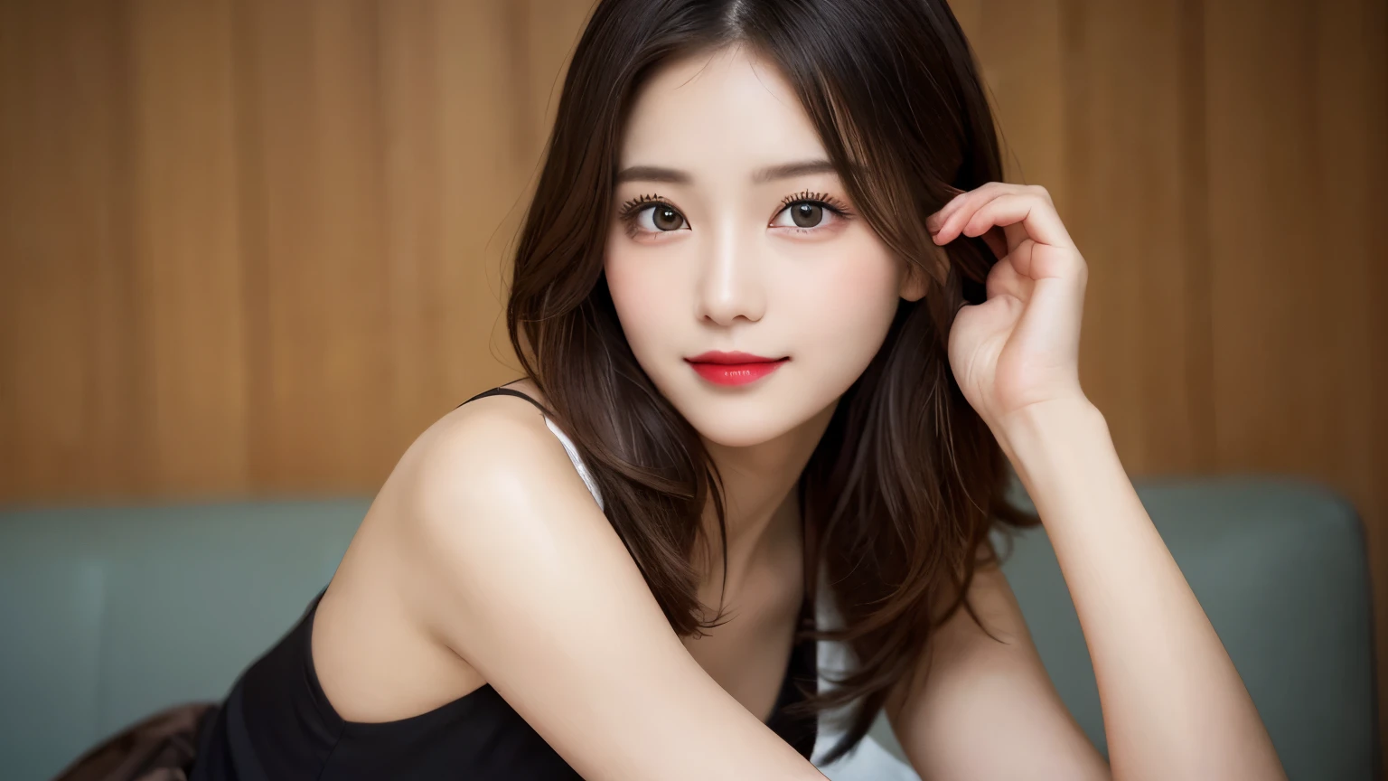 on the table, best quality, shape, Ultra Detailed, Finely, high resolution, 8k wallpaper, 完璧なダイナミックな構shape, Beautiful and delicate eyes, Medium Length Hair, Small Breasts, Natural lipstick, Casual sexy pose,Smile,20 year old girl、midnight、Beautiful and detailed face、Perfect beautiful face,big eyes、original photo、Use the whole body to express the feminine posture、Beautiful and delicate eyes、Small face、Beautiful duplex、Facelift and style,skirt、Beautiful golden ratio face,Long hair
