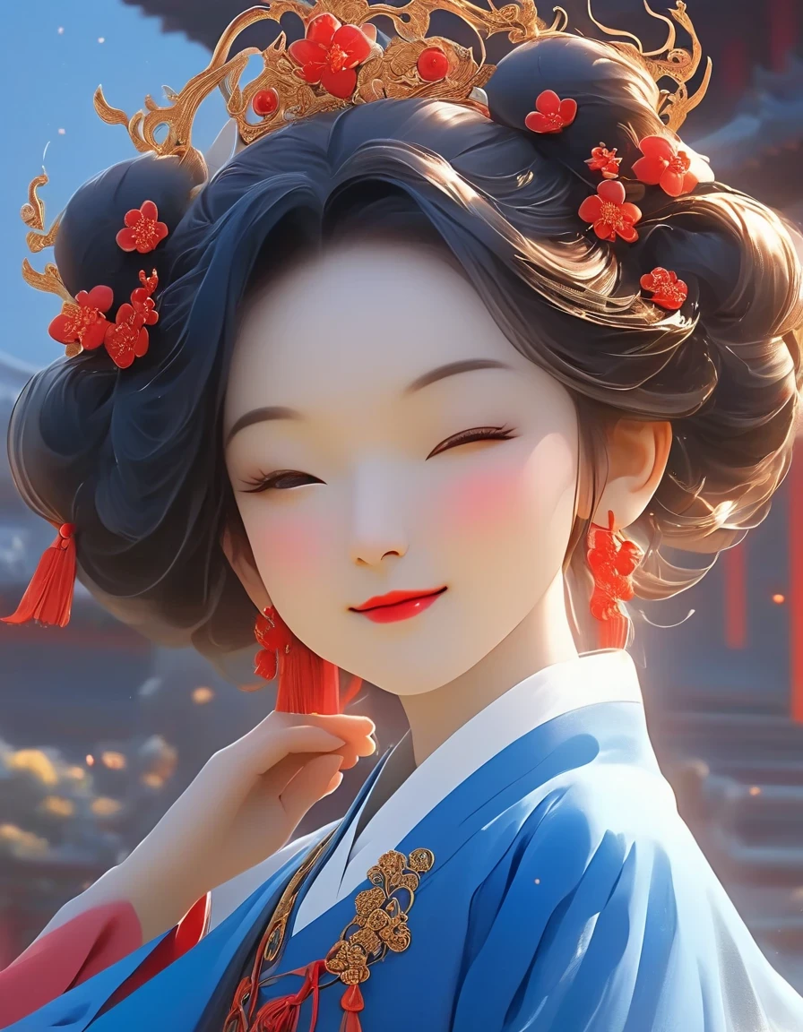 digital art of A close-up of a smiling woman wearing red and klein blue dress with her eyes closed, background: blue, exquisite digital illustration, palace, girl in hanfu, hot on cgstation, beautiful rendering of tang dynasty, beautiful digital illustration, beautiful digital art, inspired by lanying, inspired by puhua, beautiful fantasy queen, amazing digital illustration, elegant digital art, a beautiful artistic illustration,a beautiful painting by Tan Yin,Lyrical Abstraction, Ethereal Fantasy, Laser-Cut,high detail,hyper quality,high resolution,16K,depth of field (dof),Waist Shot(WS),close up,Soft illumination,