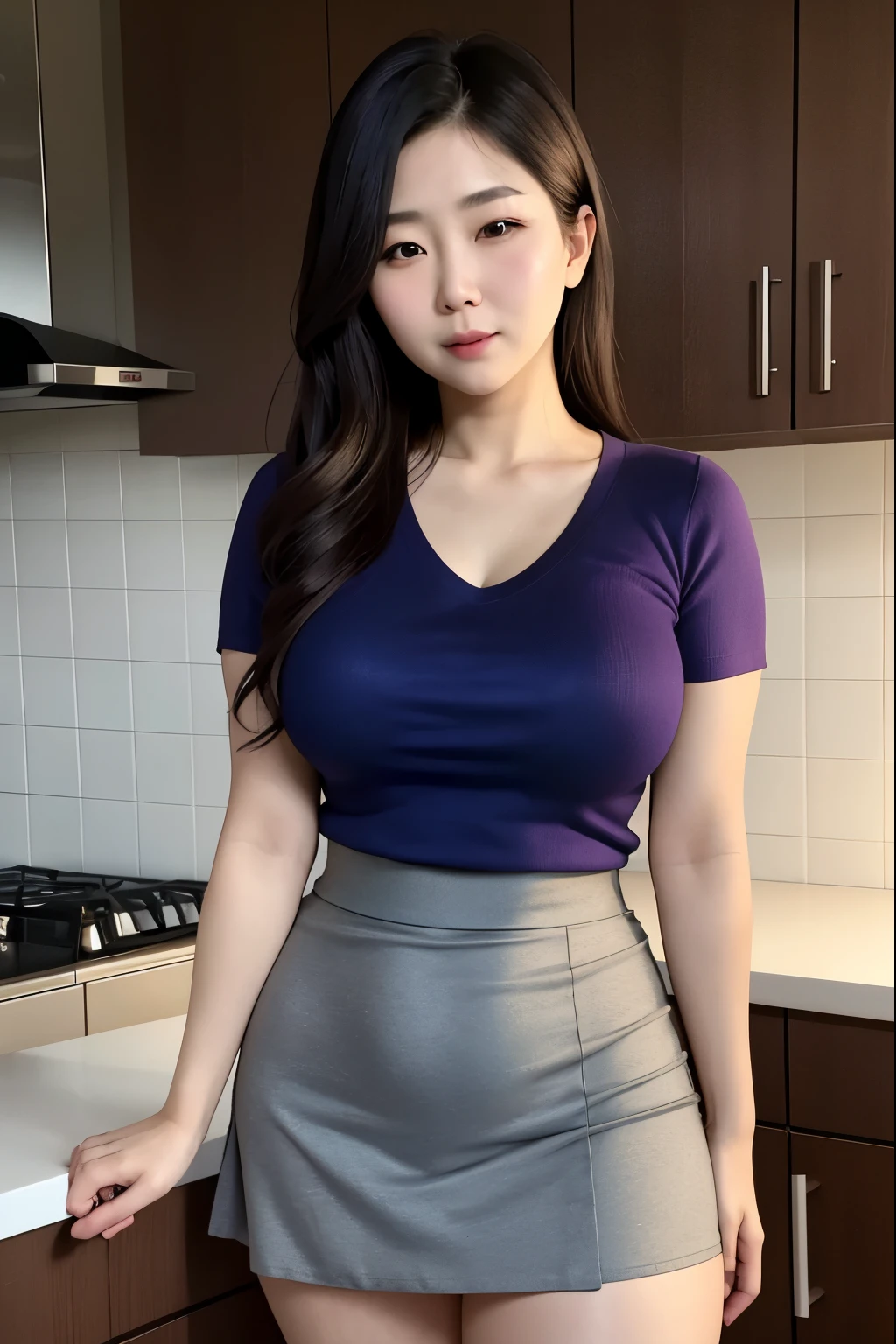 Beautiful, mother-in-law, japanese, voluptuous, tshirt knit vneck, high waist short skirt, In the kitchen, soft gaze, seductive facial expression