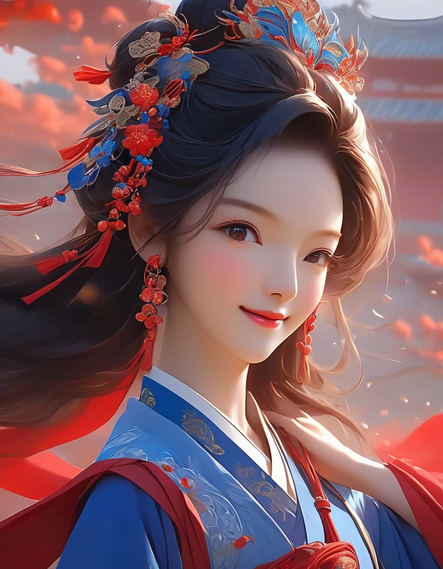 digital art of A close-up of a smiling woman wearing red and klein blue dress with her eyes closed, background: blue, exquisite digital illustration, palace, girl in hanfu, hot on cgstation, beautiful rendering of tang dynasty, beautiful digital illustration, beautiful digital art, inspired by lanying, inspired by puhua, beautiful fantasy queen, amazing digital illustration, elegant digital art, a beautiful artistic illustration,a beautiful painting by Tan Yin,Lyrical Abstraction, Ethereal Fantasy, Laser-Cut,high detail,hyper quality,high resolution,16K,depth of field (dof),Waist Shot(WS),close up,Soft illumination,