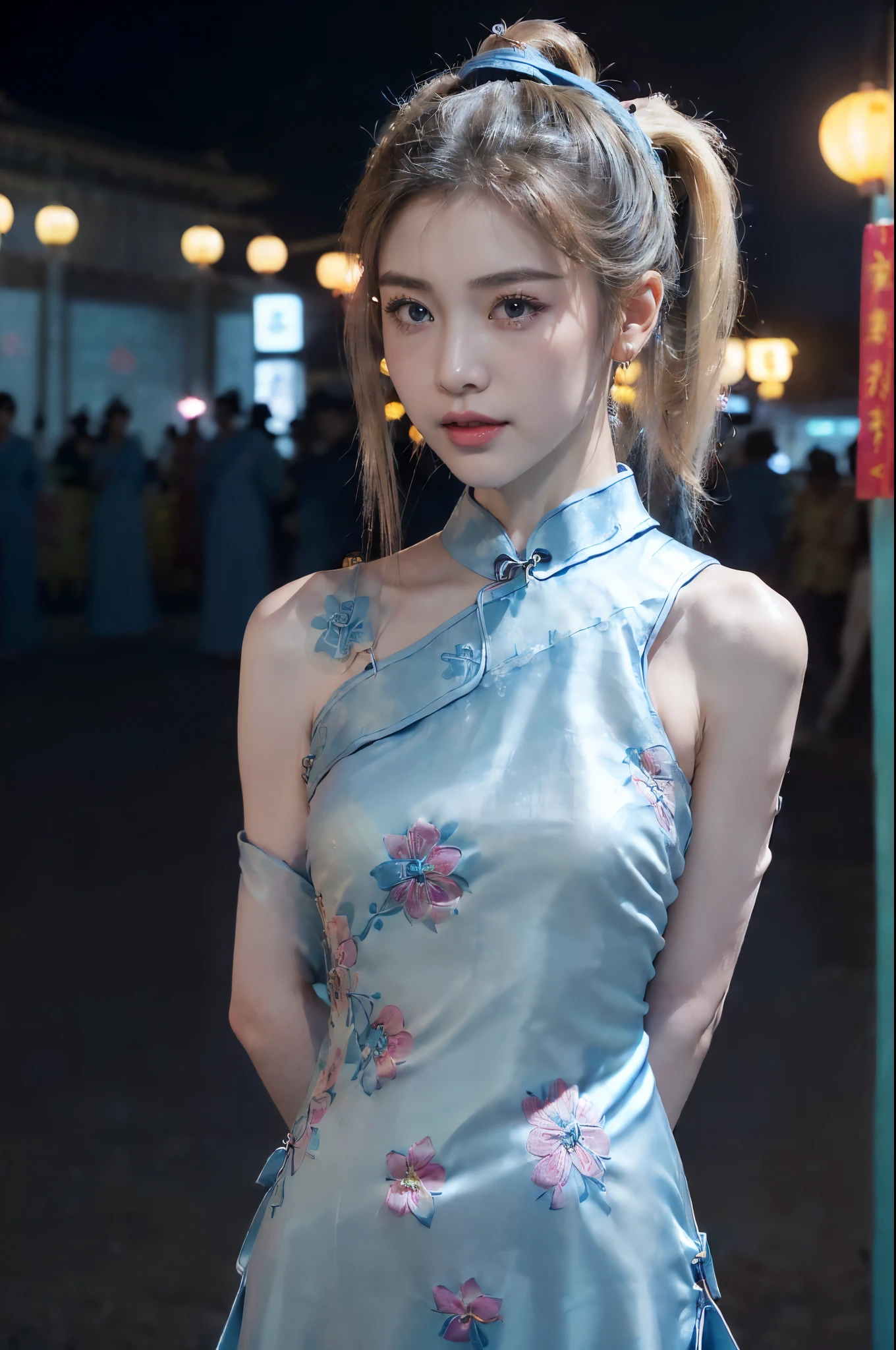 ((((8k))),((Extremely meticulous CG)) ,(wallpaper),16k,((Extremely refined and beautiful)),(((Masterpiece))),(((best qualtiy))),(((Ultra High Resolution))),realistic shaded,(Smooth and flawless fair skin:1.5),(pale skin:1.3),(Extremely exquisite facial details:1.2),(perfect body:1.2),(ultra-detailed:1.3),((A beautiful girl,solo)),(small head:1.2),(short ponytail:1.5),(small face:1.2),(Exquisite makeup:1.2),(small breasts:1.2),(flat chests:1.2),(slim,thin),(happy:1.2),(laughing:1.2),(collar:1.2),(maxi gorgeous one-shoulder floral blue cheongsam:1.5),(night scene:1.5),(outdoor:1.2),(In the courtyard of Buddhist temple:1.3),(Night Market:1.5),(neon lights:1.3),(detailed background:1.5),(standing:1.3),(arms behind back:1.5),(upper body:1.3),(from front:1.3),(surrounded by crowded crowds:1.5),(spring:1.2),