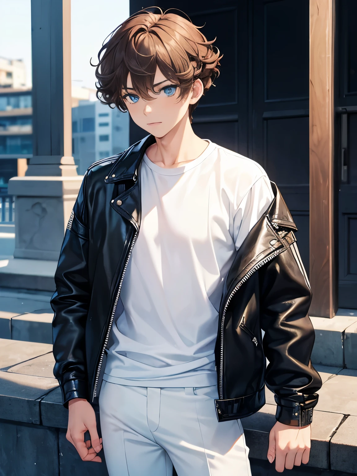 1boy,guy,looking away,standing,looking away,blue eyes,half body photo,18 years old,Curly hair,medium hair,undercut hairstyle,light brown hair,black jacket,Leather jacket,white t-shirt,white trousers,morning,ultra detail,masterpiece