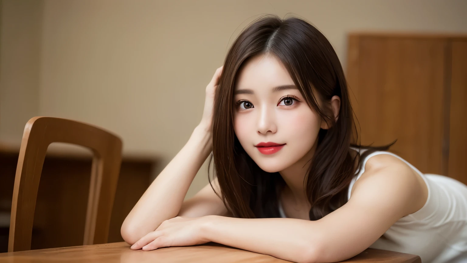 on the table, best quality, shape, Super detailed, Finely, high resolution, 8k wallpaper, 完璧なダイナミックな構shape, Beautiful and delicate eyes, Medium Length Hair, Small Breasts, Natural lipstick, Casual sexy pose,Smile,20 year old girl、midnight、Beautiful and detailed face、Perfect beautiful face,big eyes、original photo、Use the whole body to express female posture、Beautiful and delicate eyes、Small face、Beautiful duplex、Facelift and style,skirt、Beautiful golden ratio face,Long hair